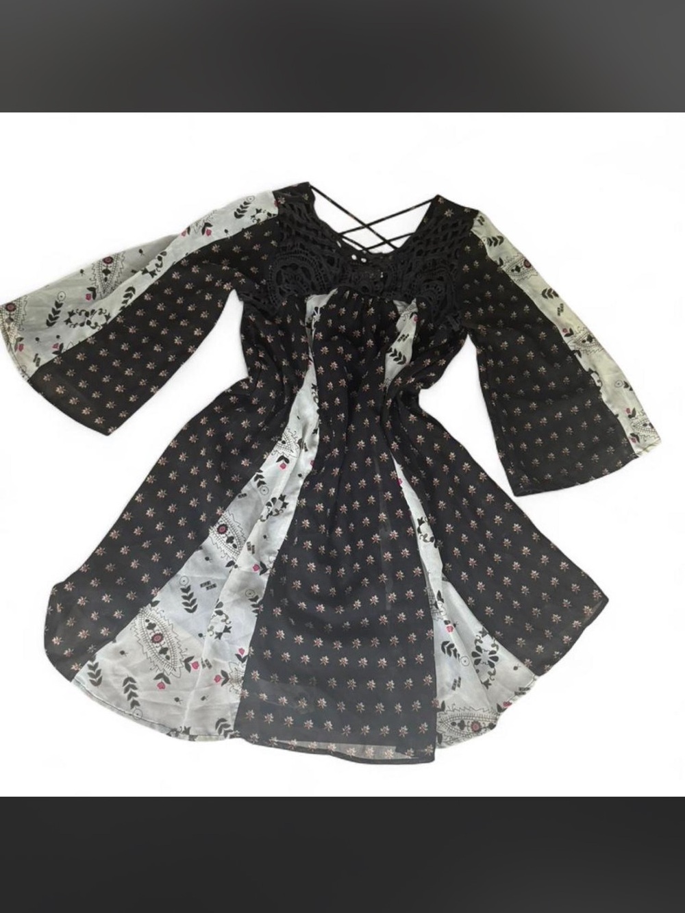Women’s Black & White Floral Mesh Parachute Boho Dress with Crochet Yoke